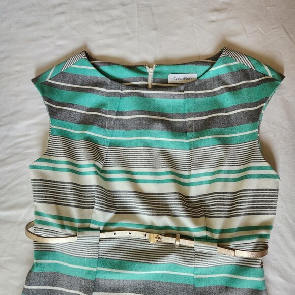 Calvin Klein Size 4 Striped Sheath Dress - Green Gray White + Gold Belt - Picture 10 of 13